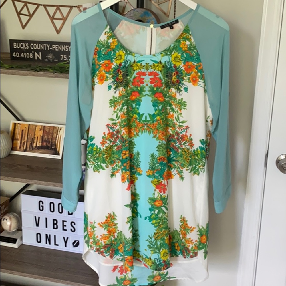 Floral design dress with sheer light blue sleeves